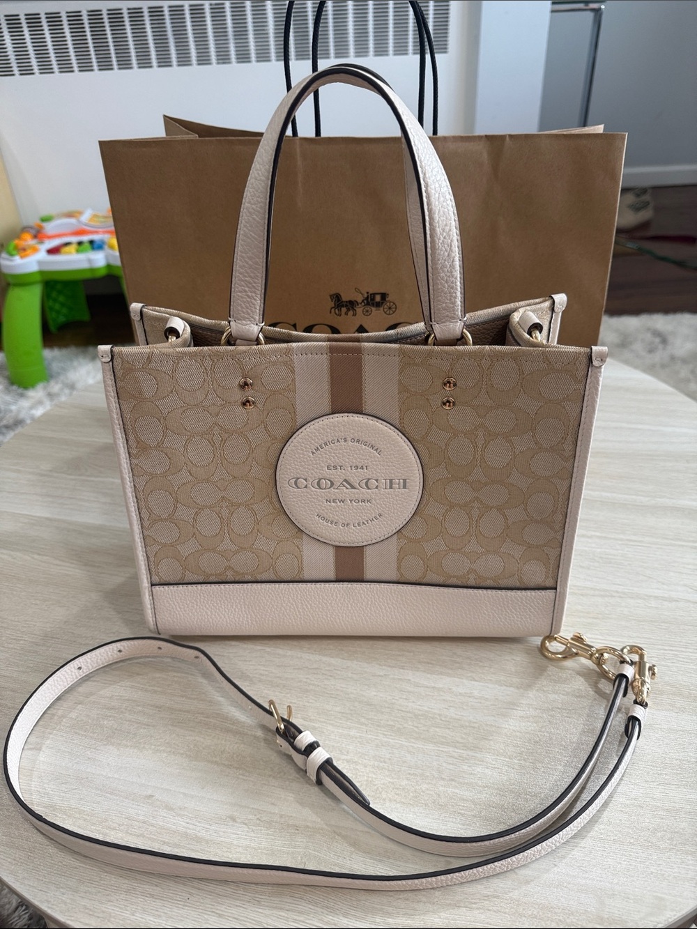 Coach Dempsey Carryall In Signature Jacquard With Stripe And Coach Patch